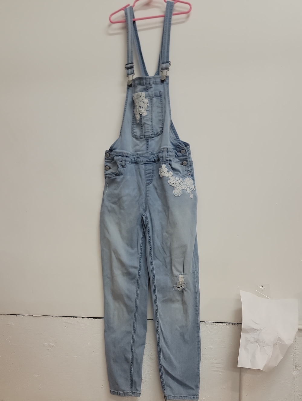 Justice Light Blue Denim Destressed Overalls with Lace Appliqués Girls 18